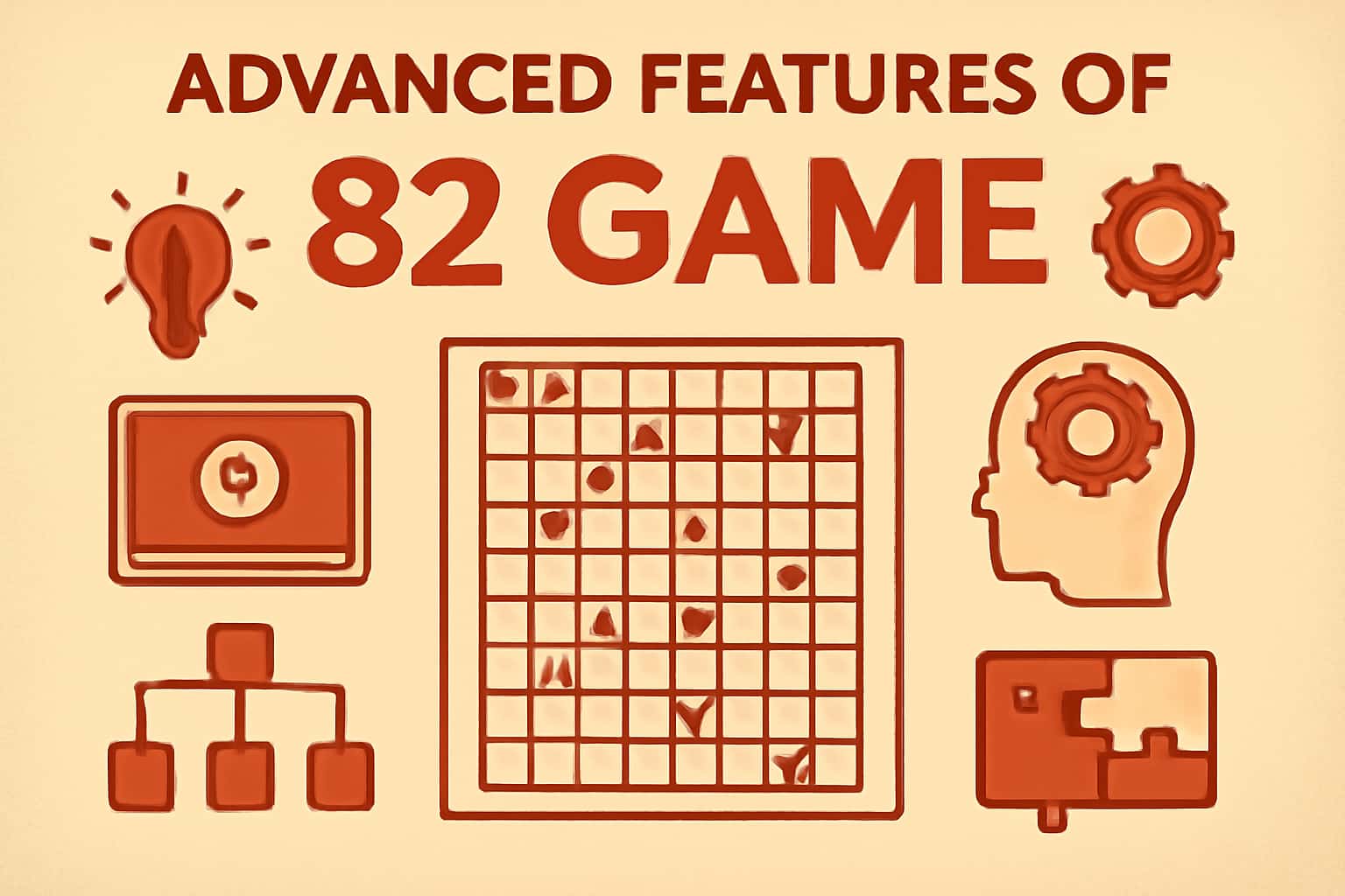 An artistic representation of advanced features in a gaming context with 82 Game prominently displayed.